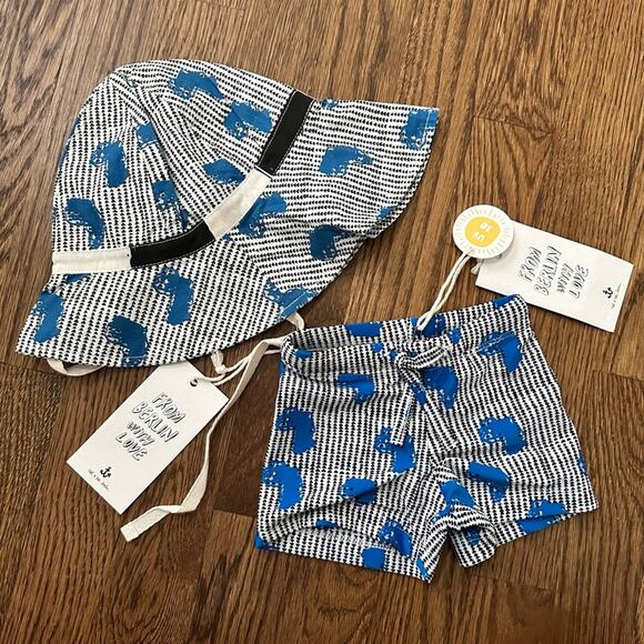 Noé & Zoë Summer Hat and European style swim trunks,size 6-12m, NWT